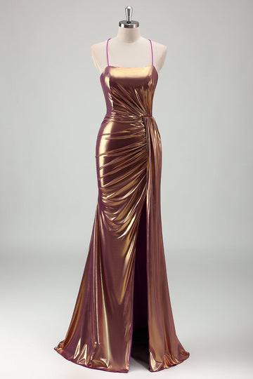 Metallic Gold Mermaid Spaghetti Straps increspato lungo Prom Dress con fessura